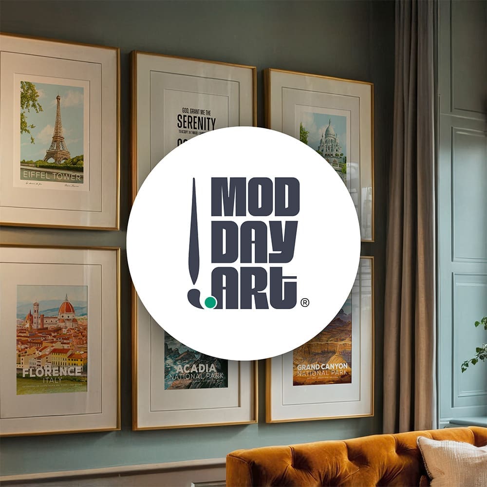 ModDayArt vintage travel poster collection displayed in elegant gold frames on sage green wall in contemporary home setting