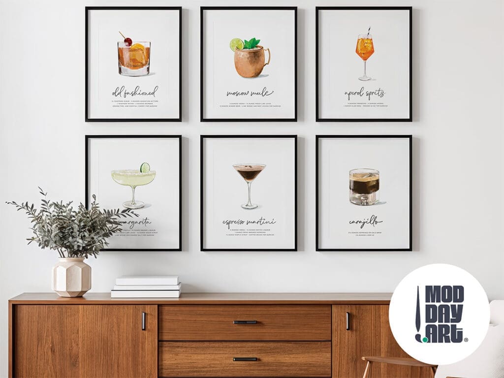 Mod Day Art feature with cocktail wall art above a console table in a Mod-century modern room