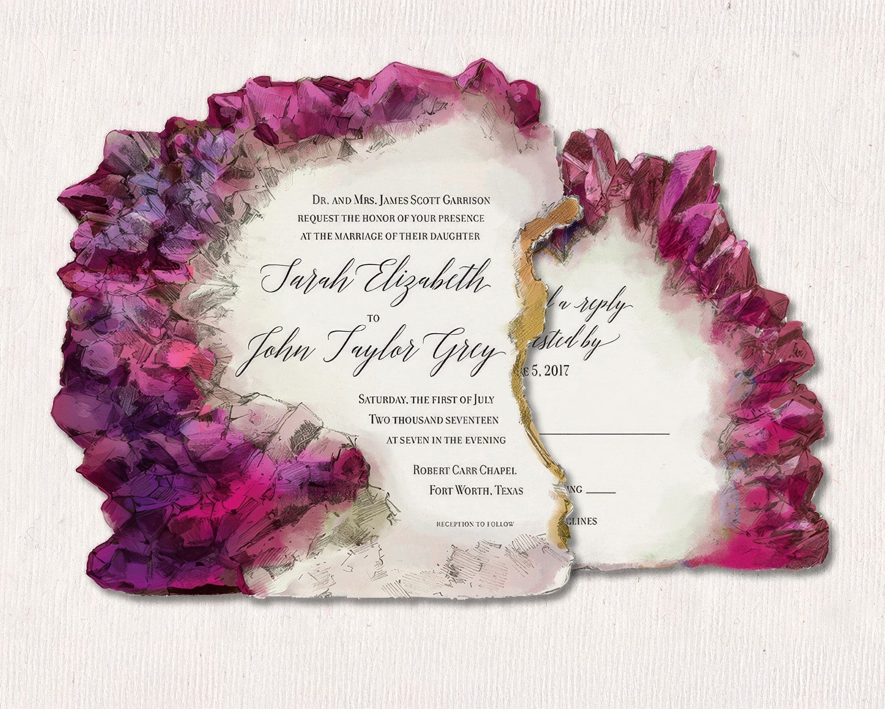 Laser-cut amethyst wedding invitation with hand-painted watercolor crystals and gold leaf edge