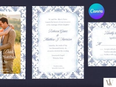 Blue damask floral Canva wedding invitation template hero image showing invitation, save the date, and RSVP card with Canva logo