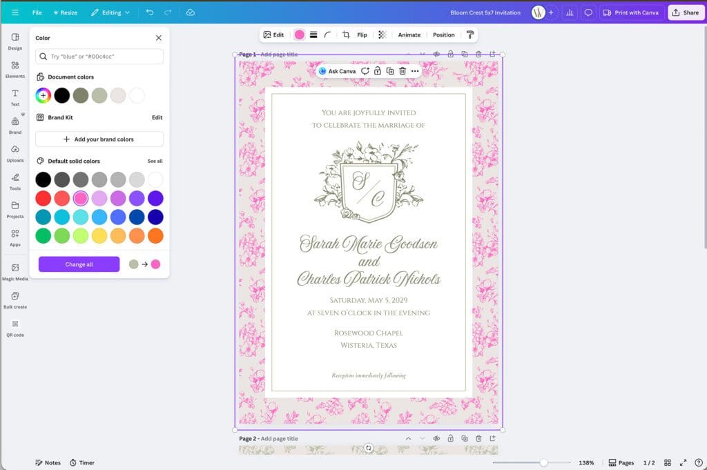 Screenshot of Canva interface demonstrating how to customize wedding invitation colors, showing pink floral border template with monogram crest