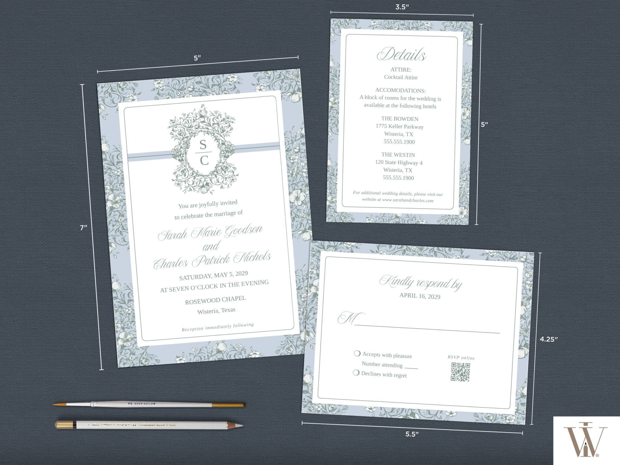 Vintage Blooms wedding invitation dimensions showing 5x7 invitation, 3.5x5 details card, and 4.25x5.5 RSVP card sizes