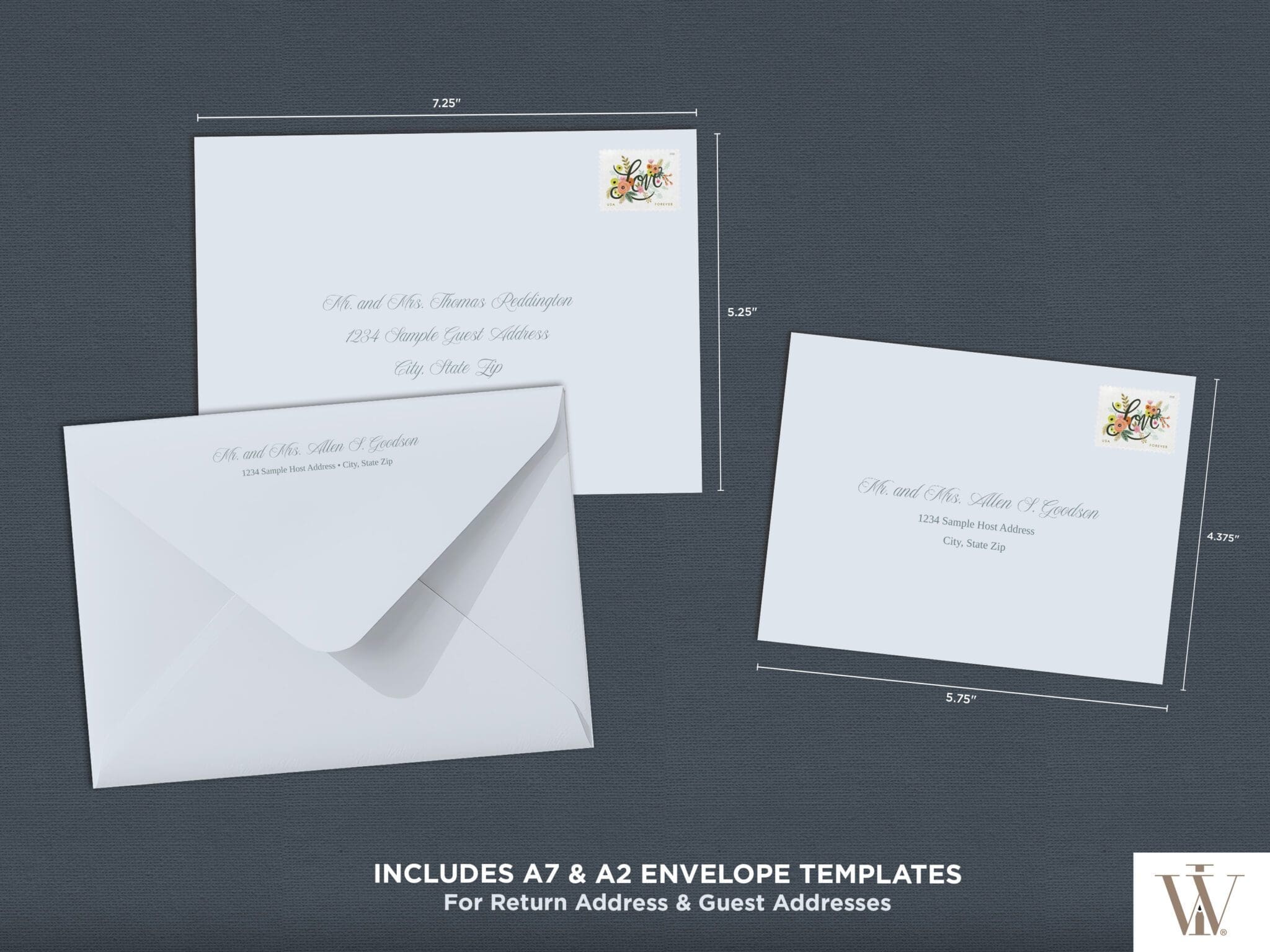 A7 and A2 envelope templates for Vintage Blooms wedding suite showing 7.25x5.25 and 5.75x4.375 dimensions for guest and return addressing