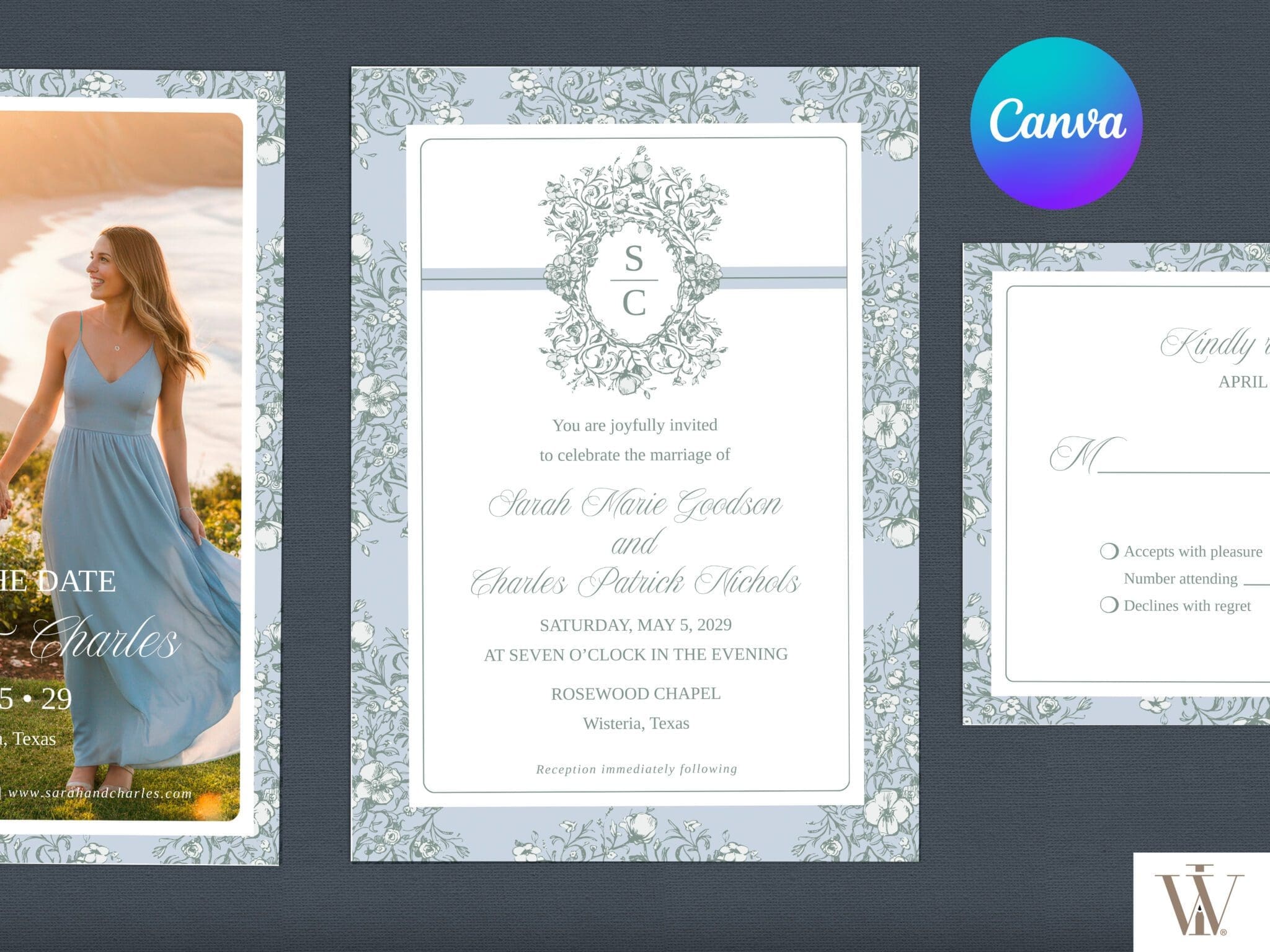 Vintage Blooms wedding invitation displayed with save the date and RSVP card showing romantic floral frame design with Canva logo
