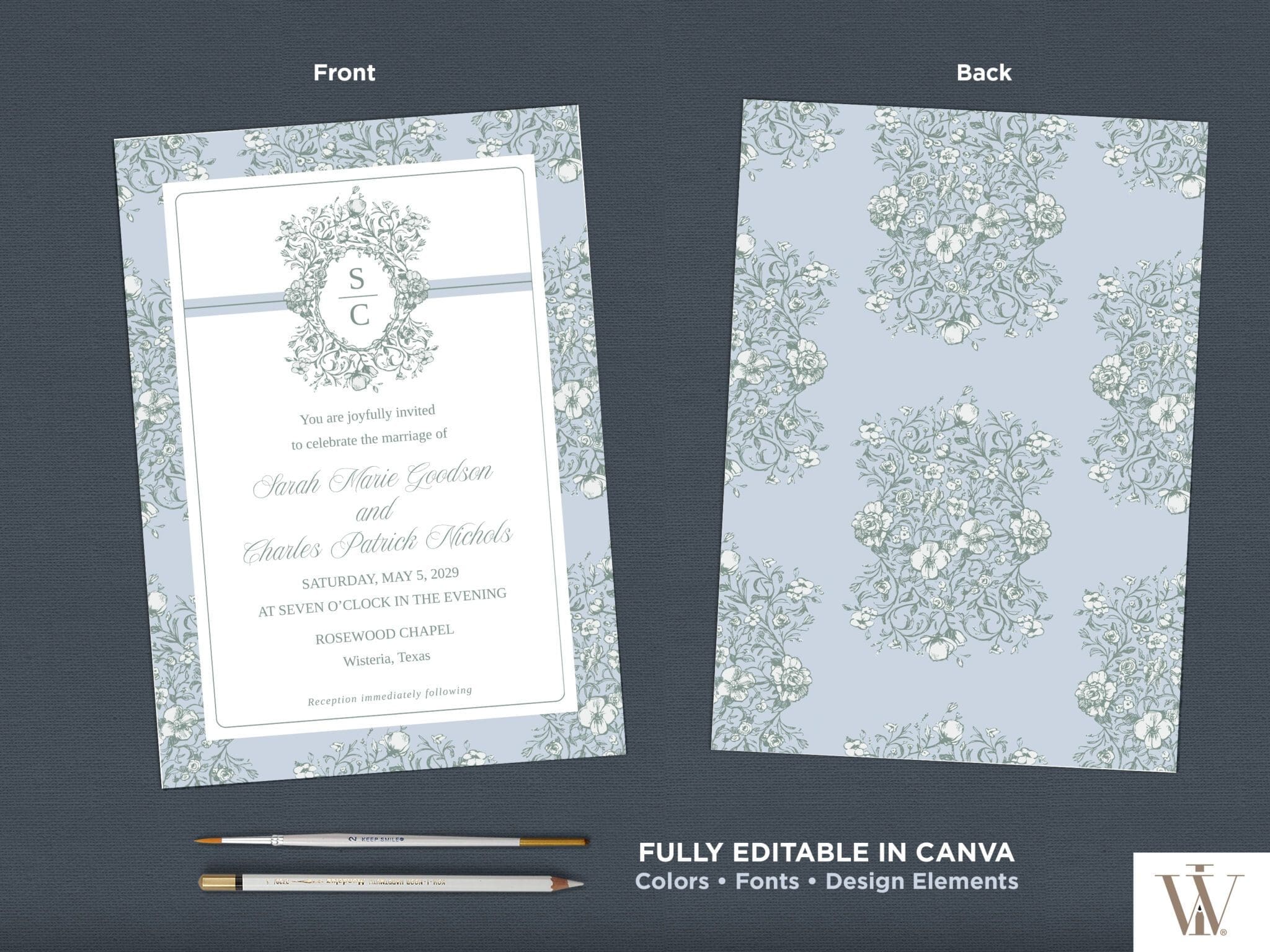 Vintage Blooms wedding invitation front and back showing delicate botanical floral border with fully editable text and design elements in Canva