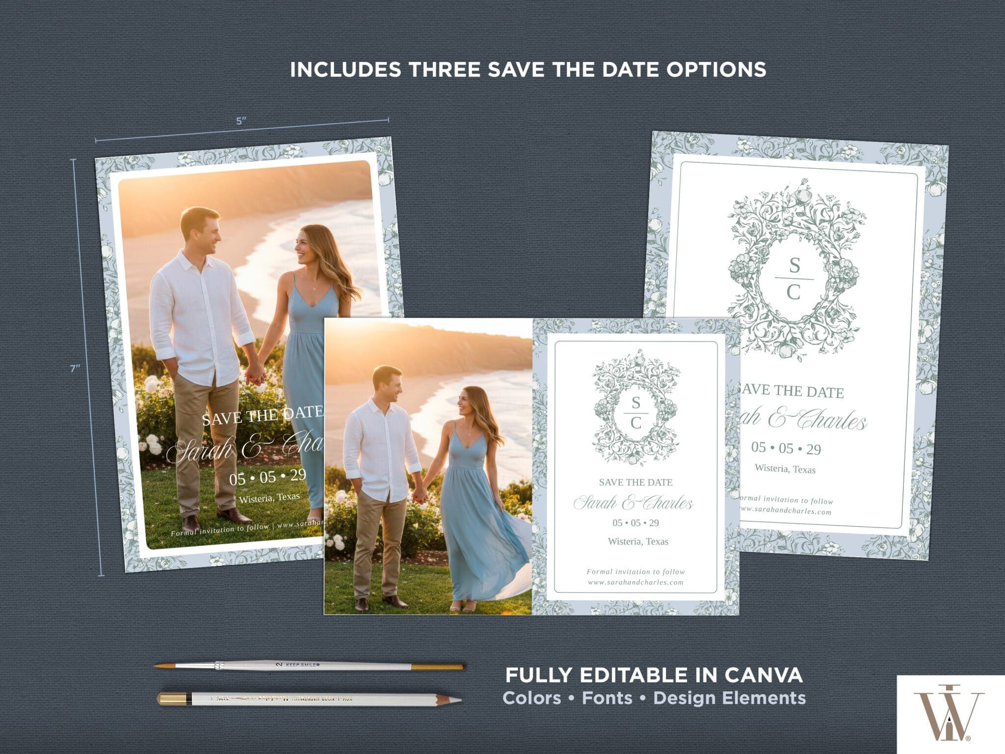 Three save the date layout options for Vintage Blooms suite showing photo overlay, photo with border, and text-only designs fully editable in Canva