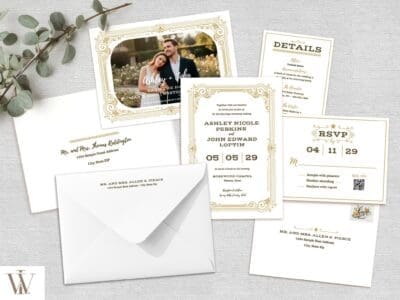 Western Chic wedding suite flat lay with invitation, save the date with photo, RSVP, details card, envelopes, and eucalyptus on linen background