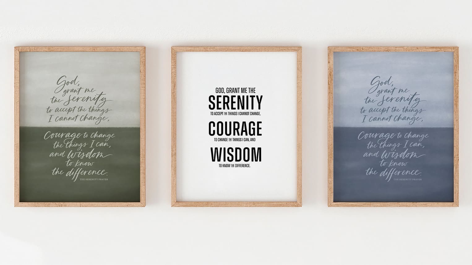 three versions of modern serenity prayer posters in frames
